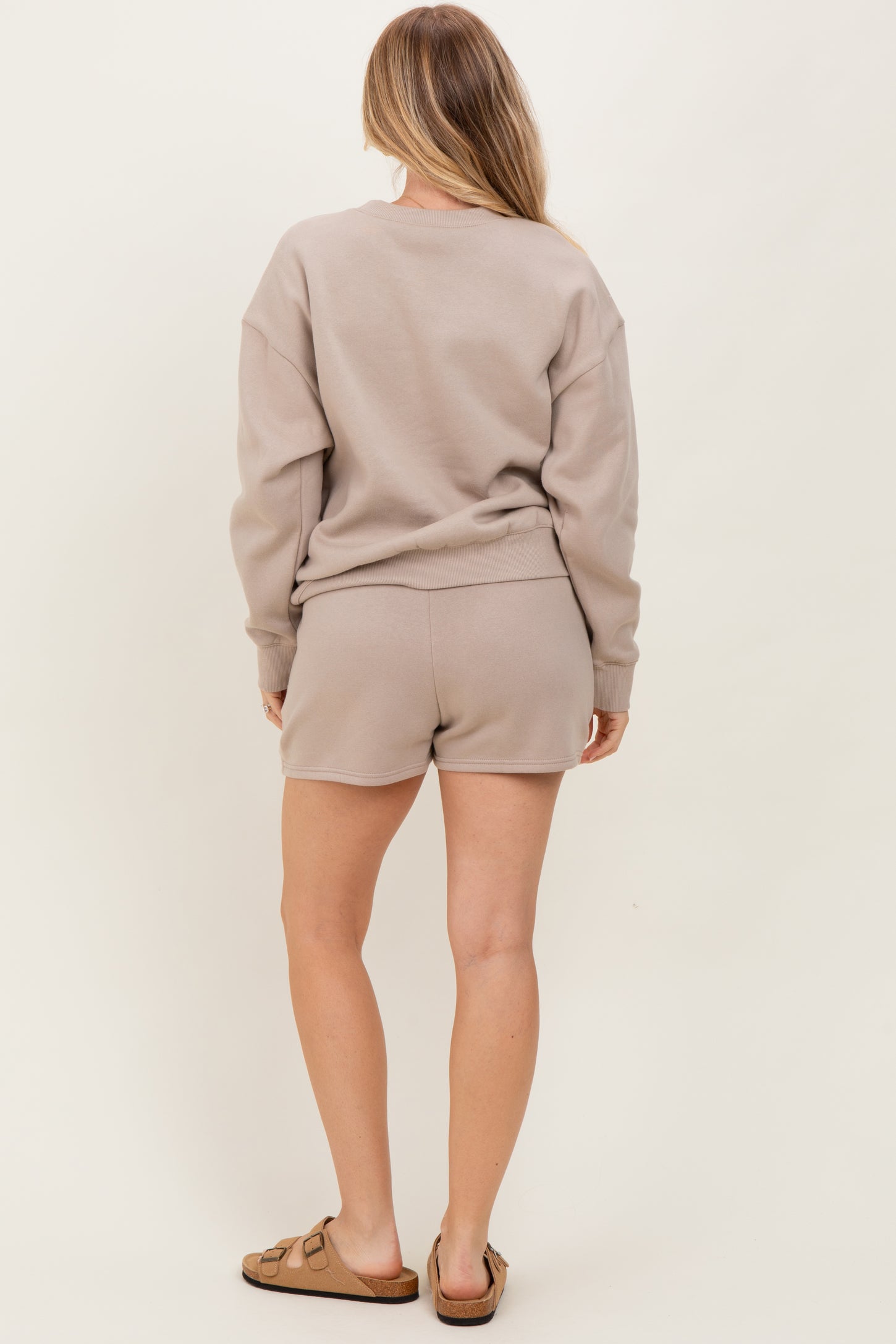 Beige Fleece Sweatshirt Shorts Set