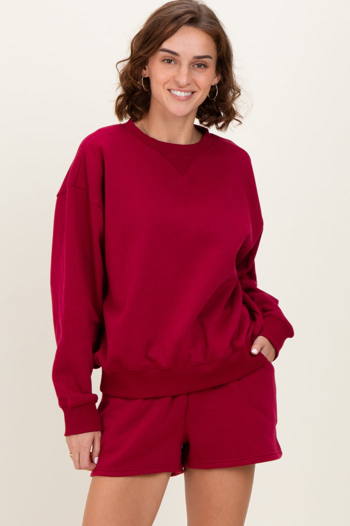 Burgundy Fleece Sweatshirt Shorts Maternity Set