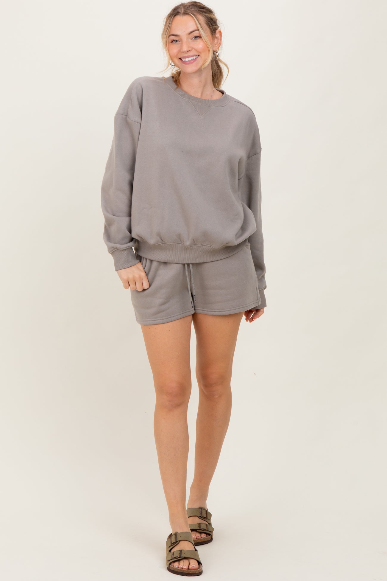 Taupe Fleece Sweatshirt Shorts Set