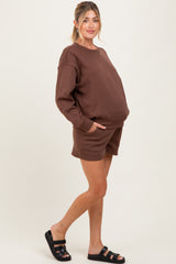 Brown Fleece Sweatshirt Shorts Maternity Set
