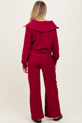 Burgundy RIbbed Half Zip Pullover Wide Leg Pant Maternity Set
