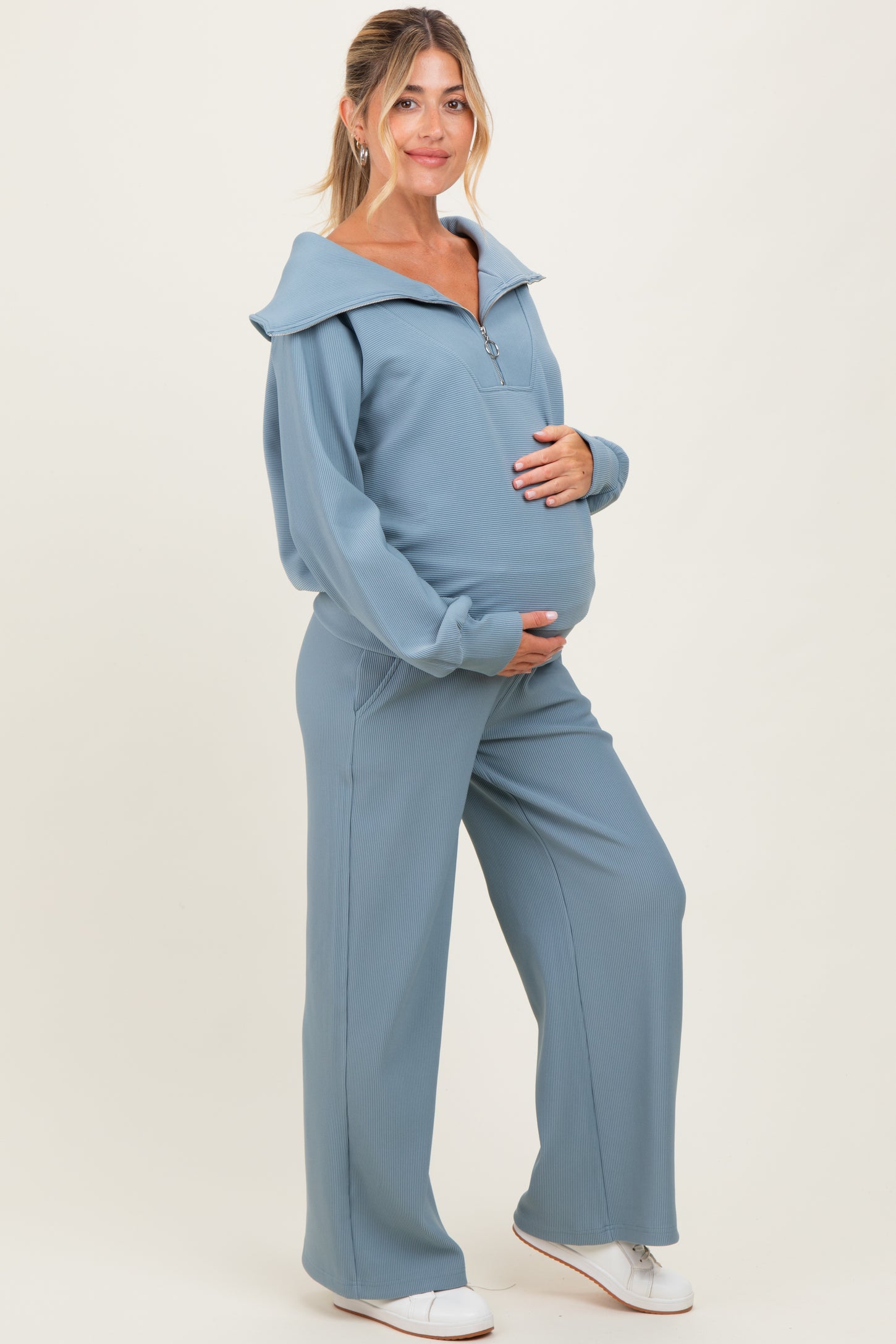 Light Blue RIbbed Half Zip Pullover Wide Leg Pant Maternity Set