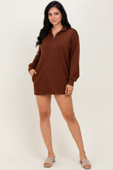 Brown Half Zip Long Sleeve Maternity Mini Dress