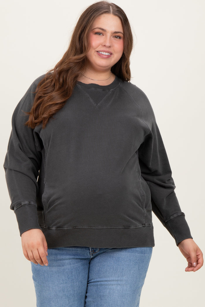 Charcoal Vintage Wash French Terry Maternity Plus Pullover