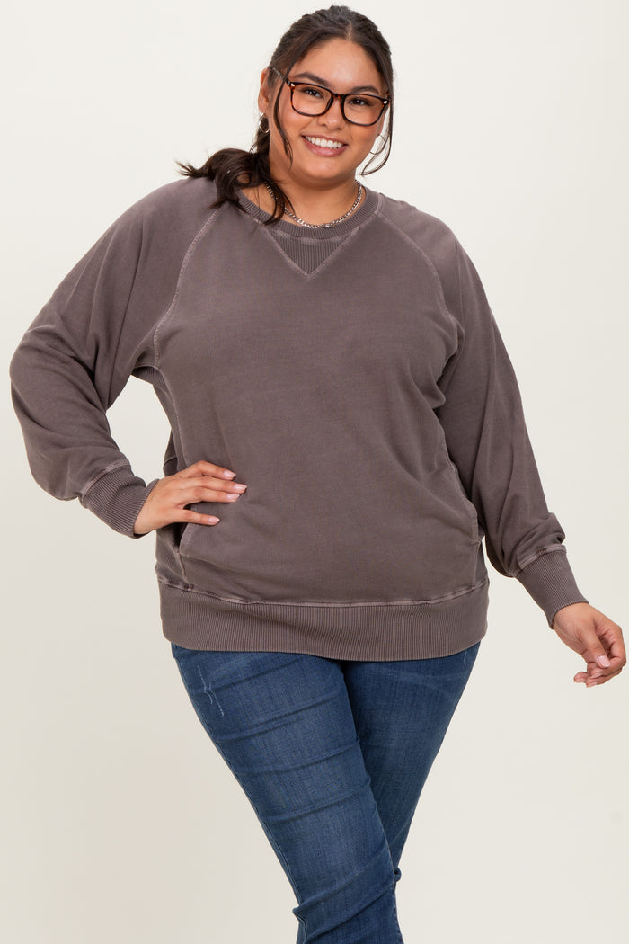 Brown Vintage Wash French Terry Maternity Plus Pullover
