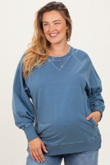 Blue Vintage Wash French Terry Maternity Plus Pullover