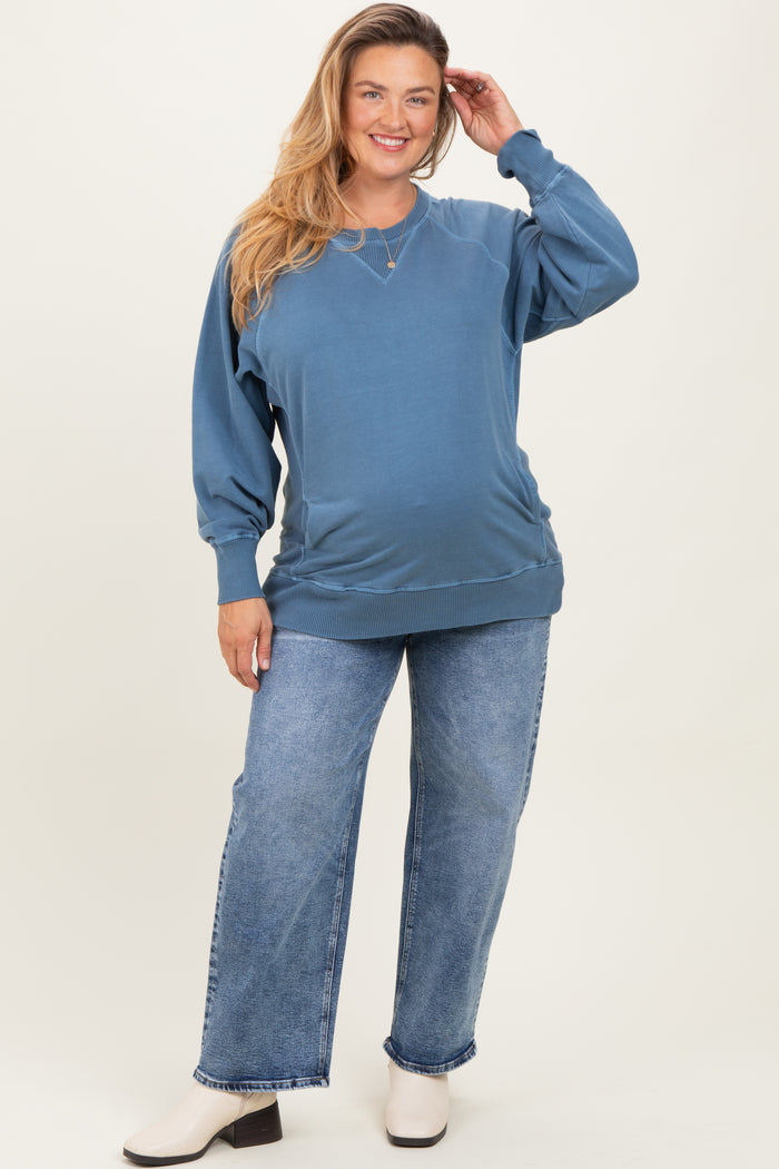Blue Vintage Wash French Terry Maternity Plus Pullover