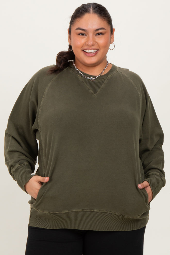Olive Vintage Wash French Terry Maternity Plus Pullover