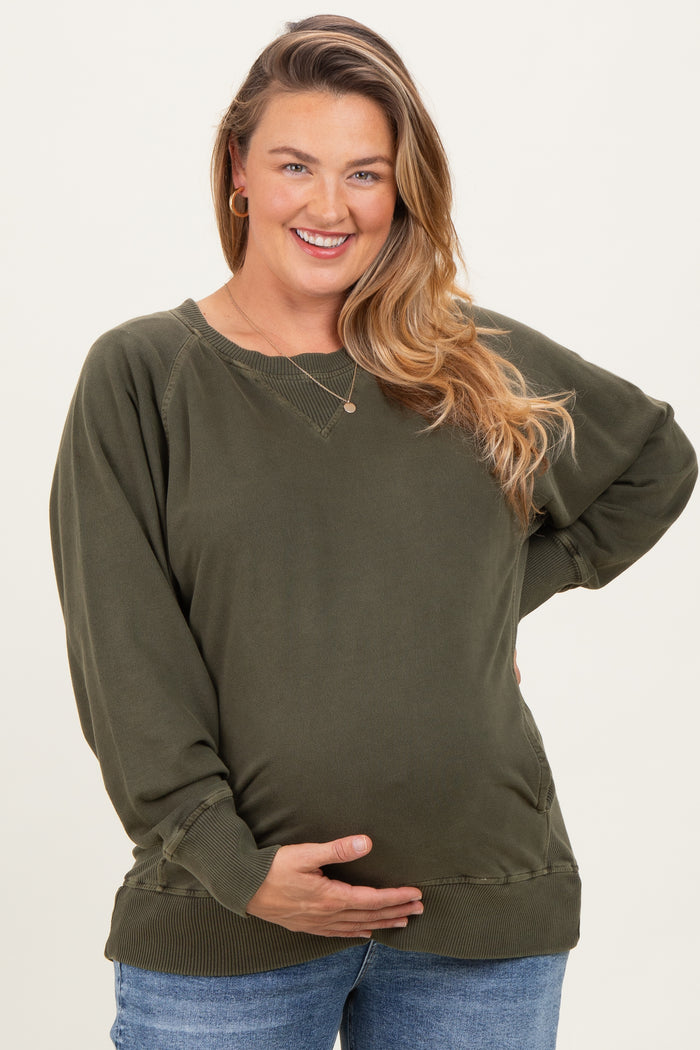 Olive Vintage Wash French Terry Maternity Plus Pullover