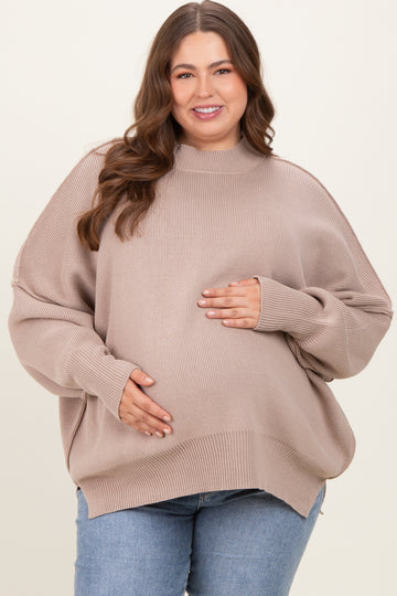 Beige Mock Neck Exposed Seam Maternity Sweater