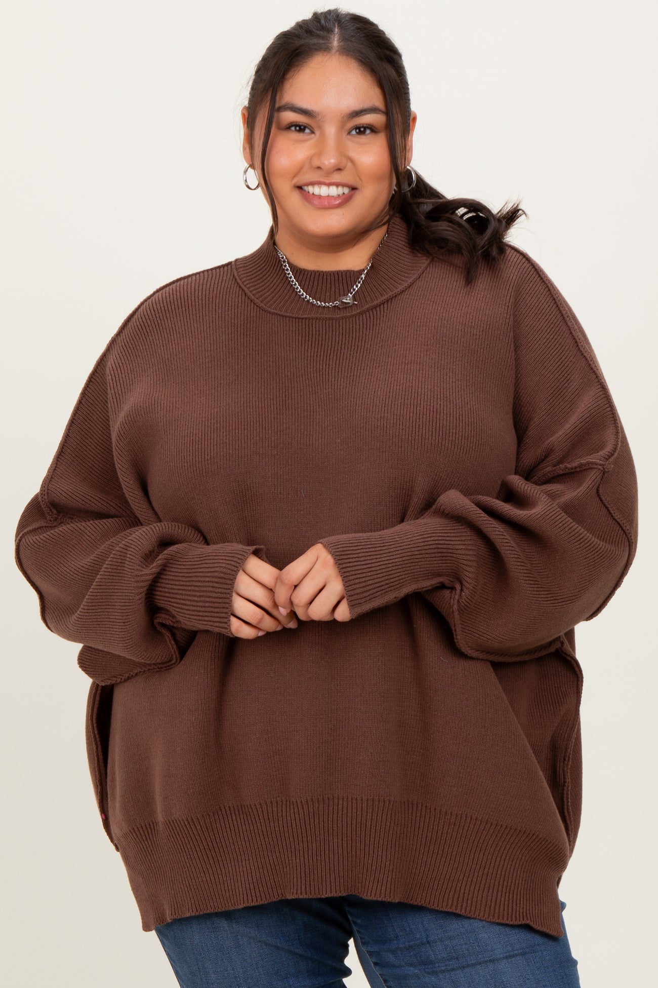 Brown Mock Neck Exposed Seam Sweater