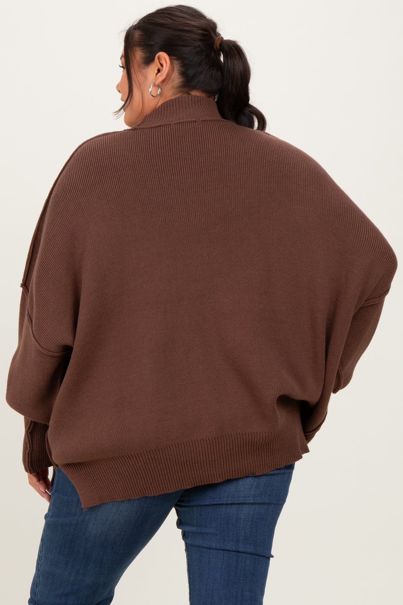 Brown Mock Neck Exposed Seam Sweater