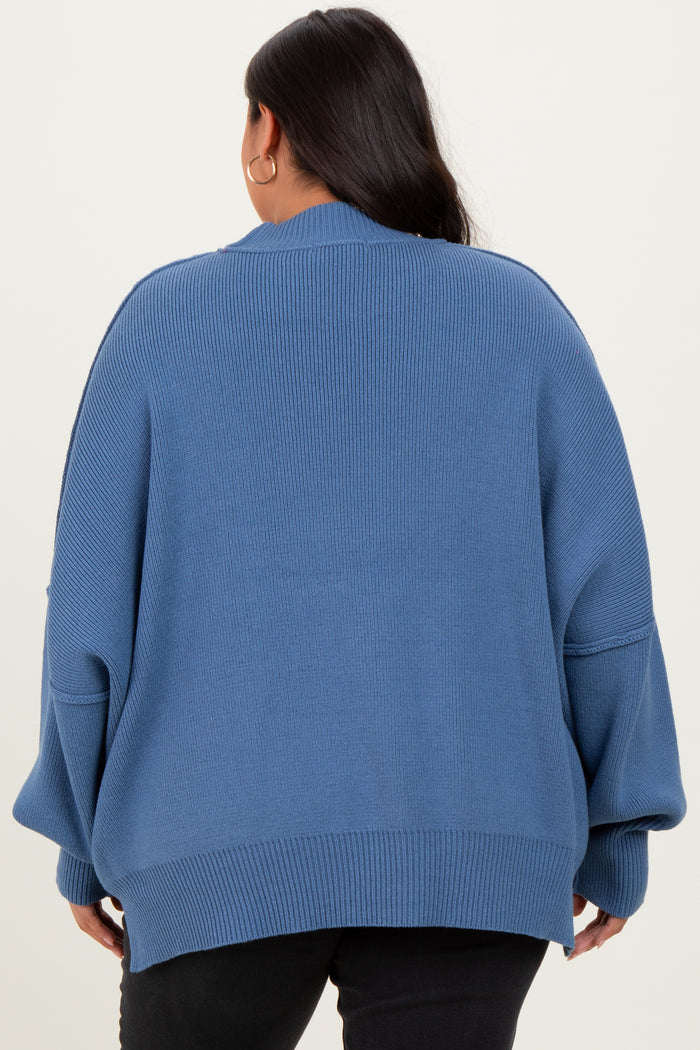 Blue Mock Neck Exposed Seam Sweater
