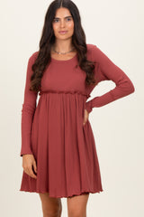 Rust Solid Ribbed Long Sleeve Crewneck Shirring Mini Dress