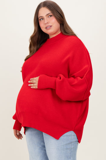 Red Mock Neck Exposed Seam Maternity Sweater