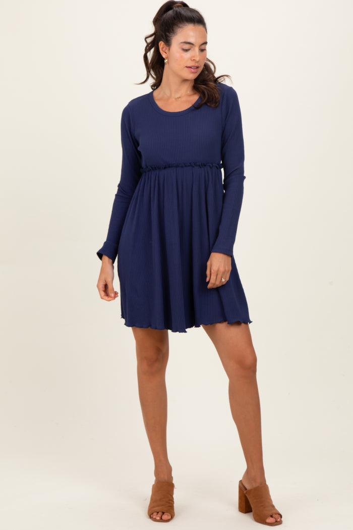 Navy Solid Ribbed Long Sleeve Crewneck Shirring Maternity Mini Dress