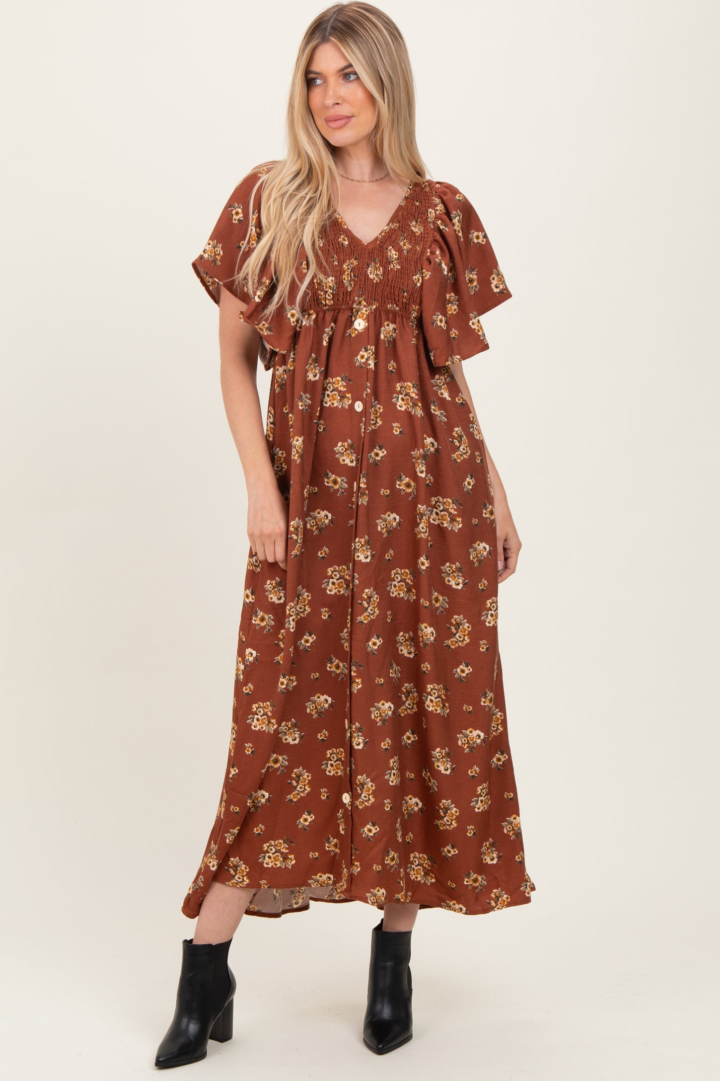Brown Vintage Floral Woven Short Skleeve V-Neck Button Maxi Dress