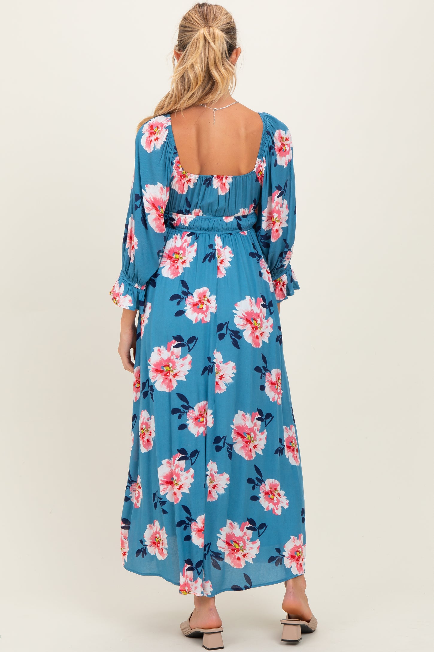 Light Blue Floral Long Sleeve Square Neck Smocked Maternity Maxi Dress