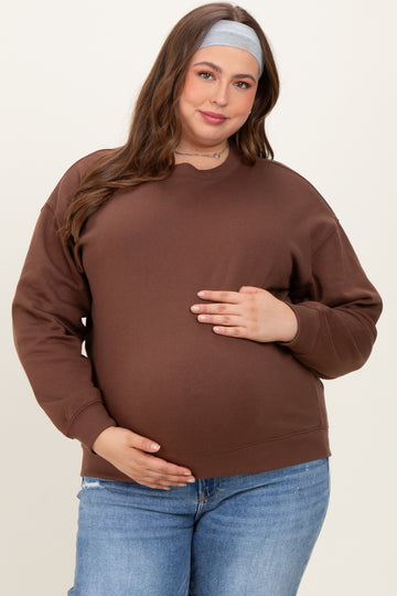 Brown Basic Fleece Crewneck Maternity Sweatshirt