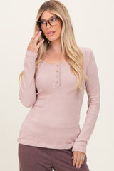Beige Solid Ribbed Brushed Long Sleeve Button Down Round Neck Top