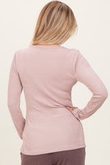 Beige Solid Ribbed Brushed Long Sleeve Button Down Round Neck Top