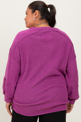 Plum Oversized Ribbed Knit Henley Plus Sweater