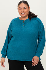 Teal Oversized Ribbed Knit Henley Maternity Plus Sweater
