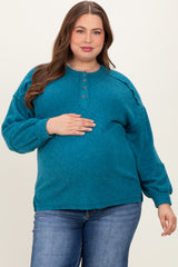 Teal Oversized Ribbed Knit Henley Maternity Plus Sweater