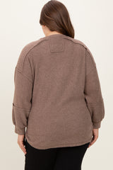 Mocha Oversized Ribbed Knit Henley Maternity Plus Sweater