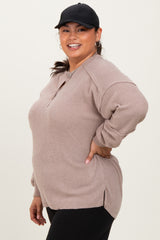 Beige Oversized Ribbed Knit Henley Plus Sweater