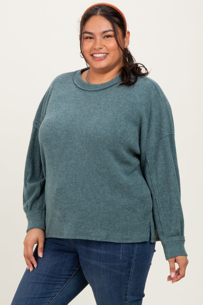Emerald Green Brushed Ribbed Knit Maternity Plus Pullover