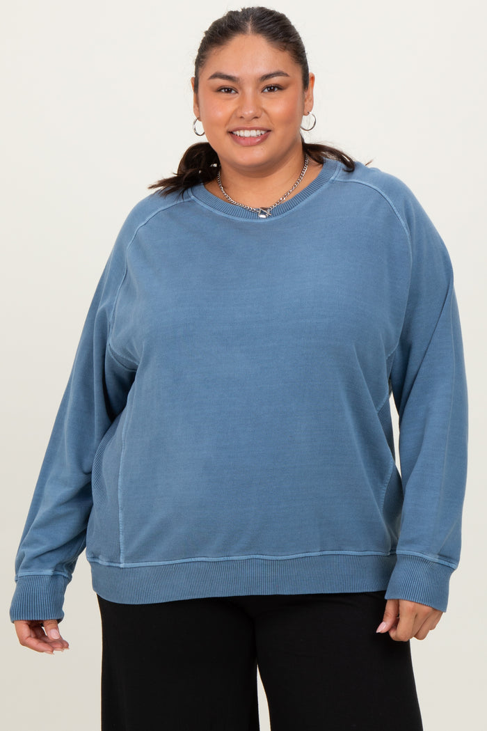 Blue French Terry Vintage Wash Maternity Plus Pullover