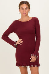Burgundy Long Sleeve Lettuce Trim Mini Dress