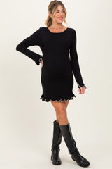Black Long Sleeve Lettuce Trim Maternity Mini Dress