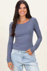 Blue Scoop Neck Long Sleeve Top