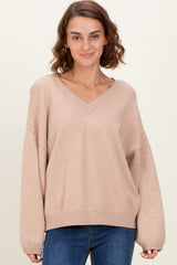 Beige V-Neck Drop Shoulder Maternity Sweater