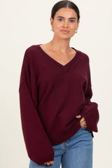 Burgundy V-Neck Drop Shoulder Maternity Sweater