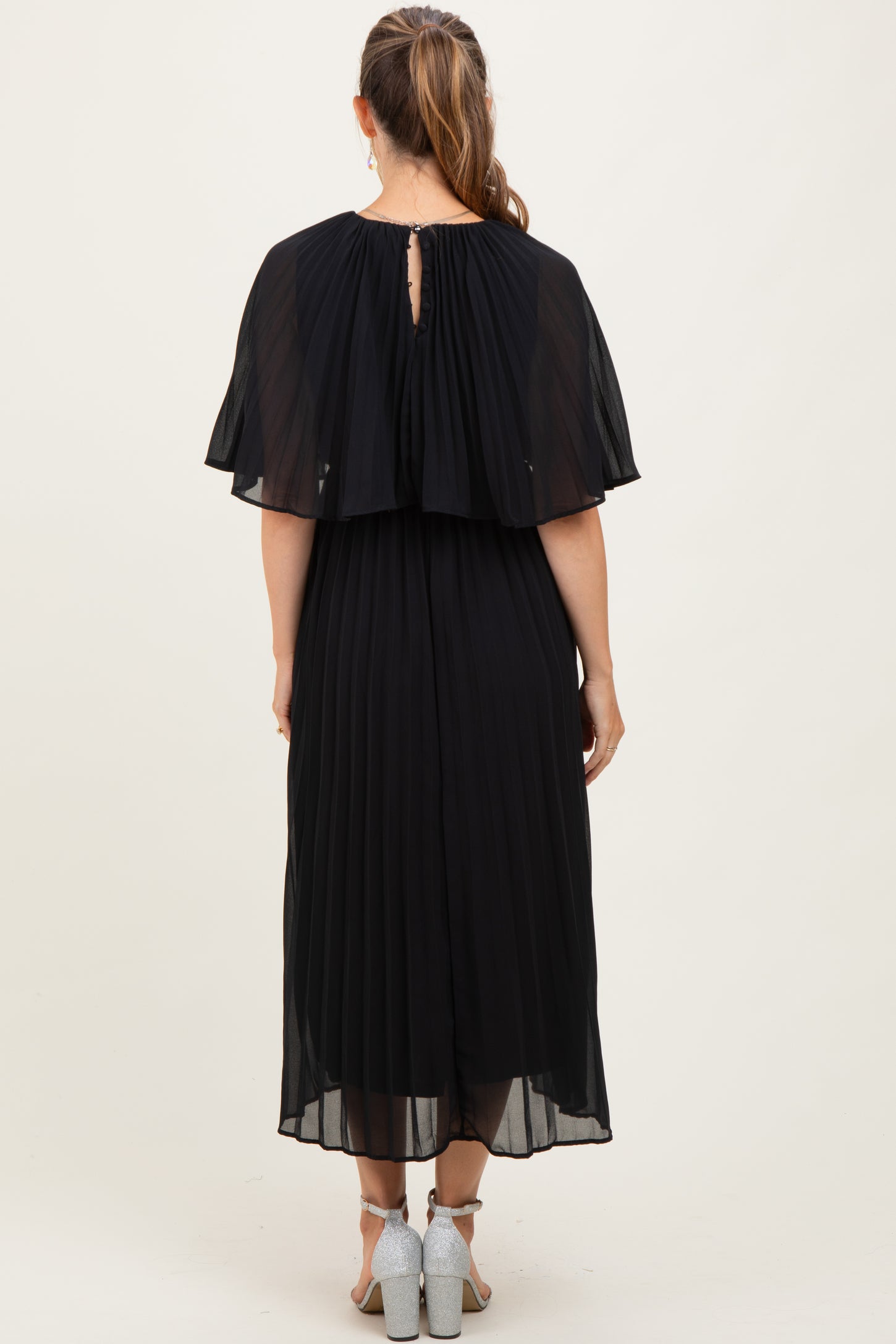 Black Pleated Cape Maternity Midi Dress
