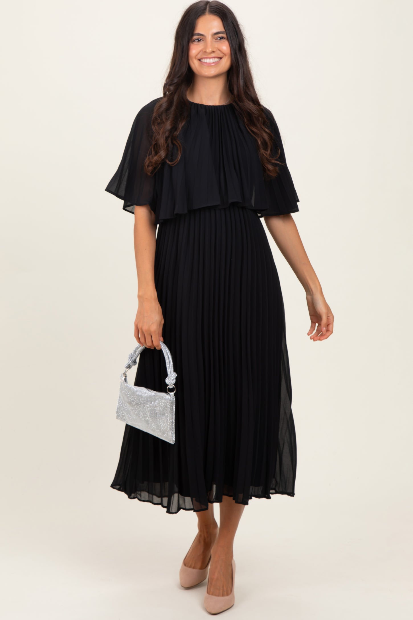 Black Pleated Cape Maternity Midi Dress