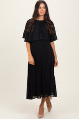 Black Pleated Cape Midi Dress