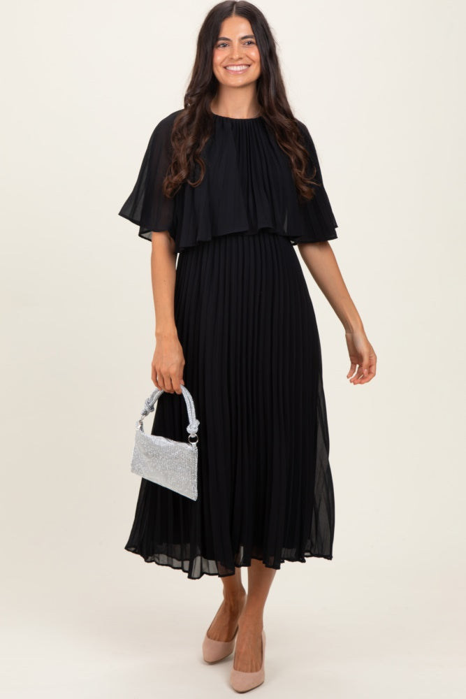 Black Pleated Cape Maternity Midi Dress