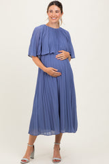 Blue Pleated Cape Maternity Midi Dress