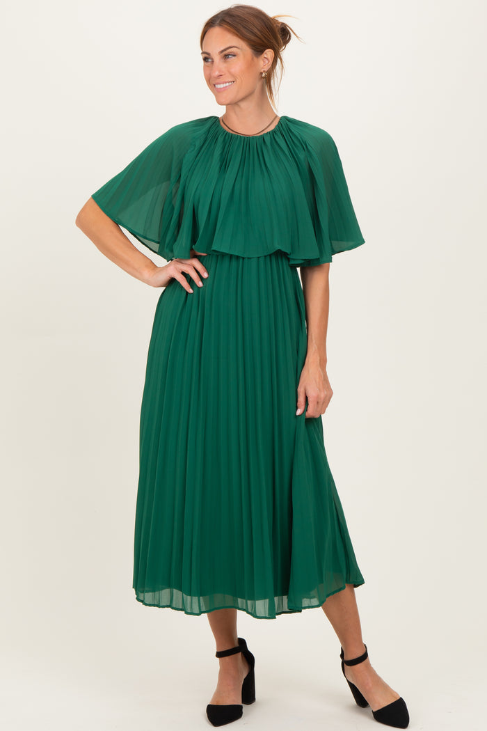 Green Pleated Cape Midi Dress