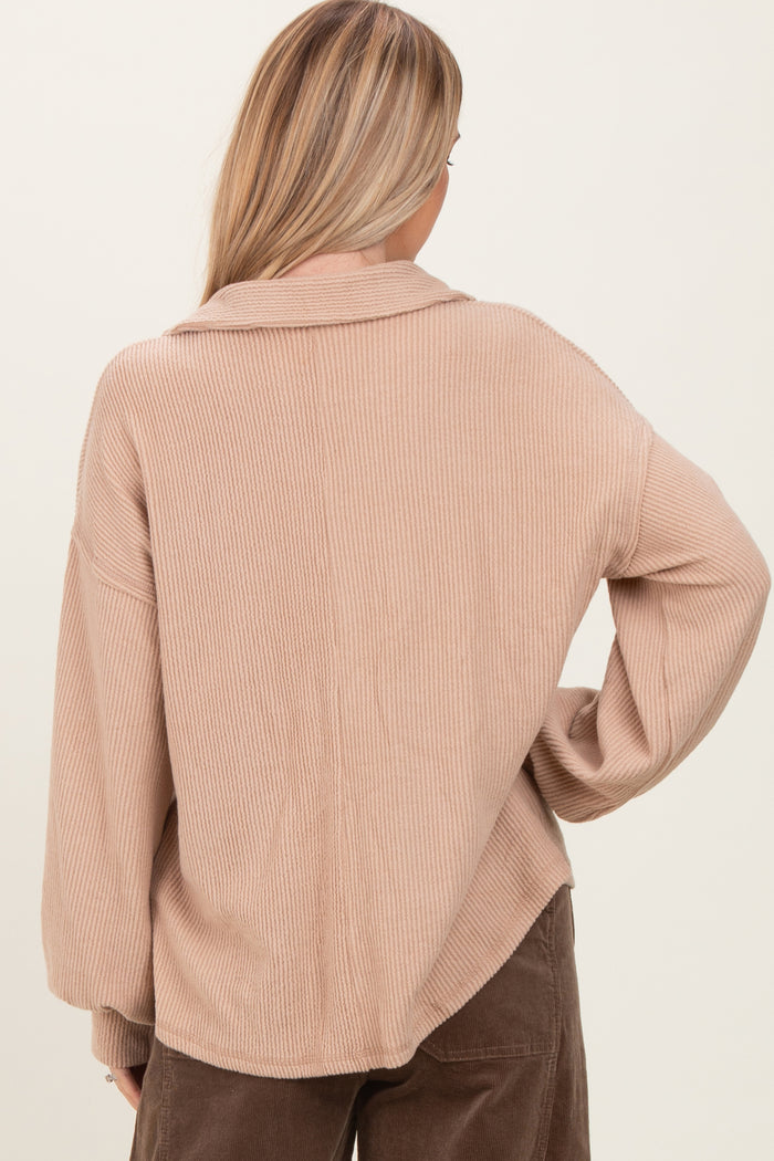 Taupe Solid Ribbed Long Sleeve Button Down Collared Top