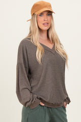 Mocha Brushed Long Sleeve Ribbed V-Neck Top
