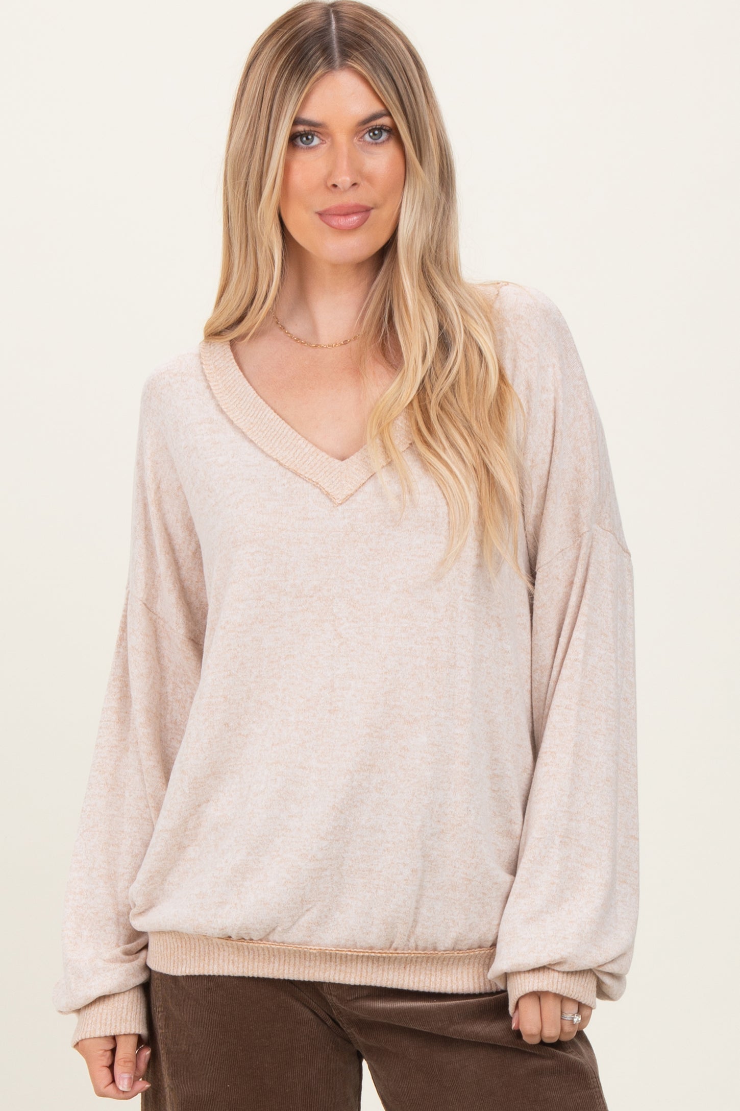 Beige Brushed Long Sleeve Ribbed V-Neck Top