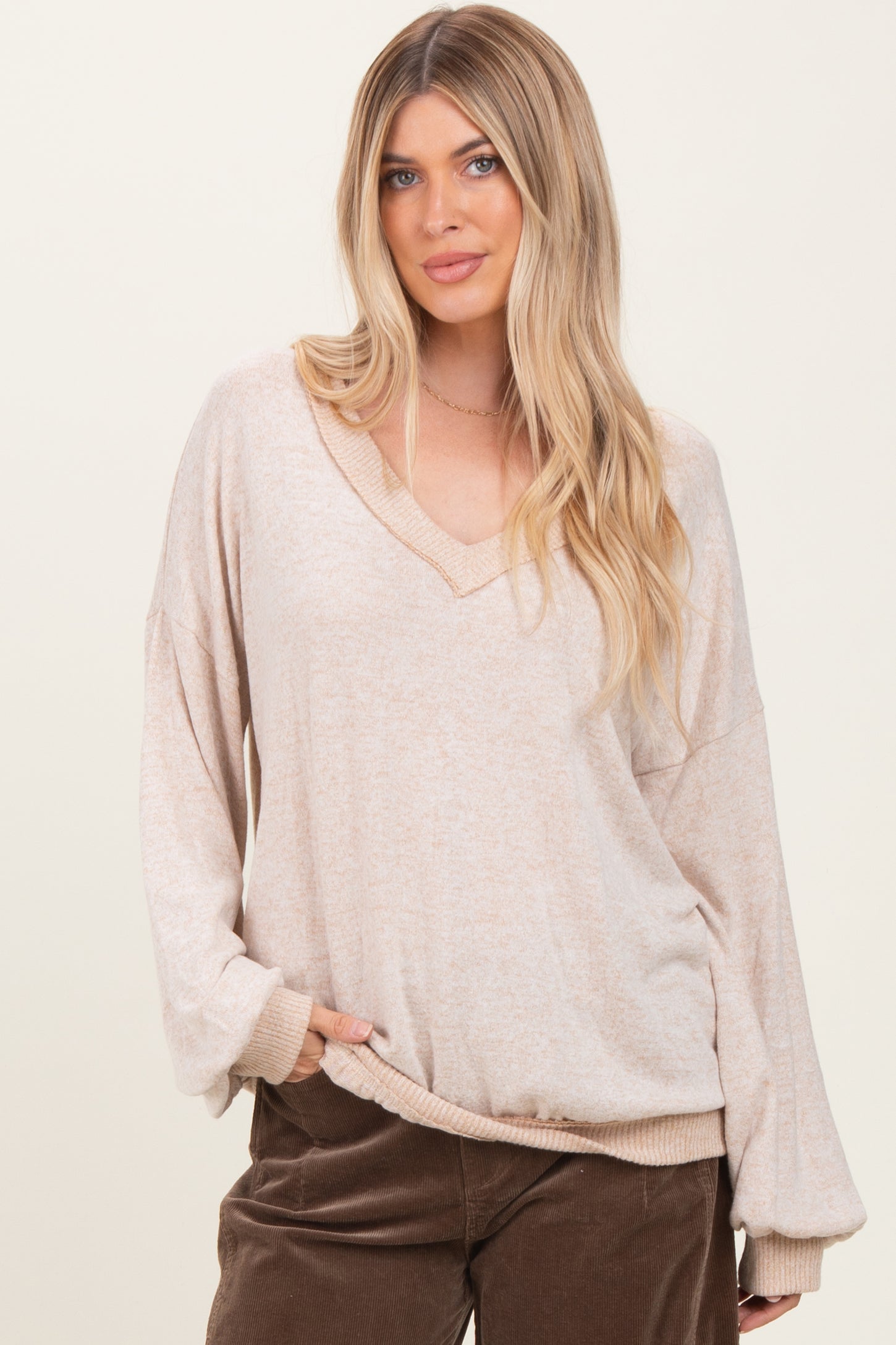 Beige Brushed Long Sleeve Ribbed V-Neck Top