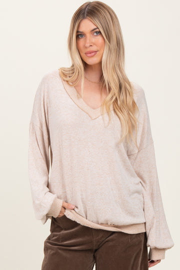 Beige Brushed Long Sleeve Ribbed V-Neck Top