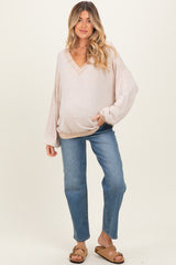 Beige Brushed Long Sleeve Ribbed V-Neck Maternity Top