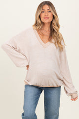 Beige Brushed Long Sleeve Ribbed V-Neck Maternity Top